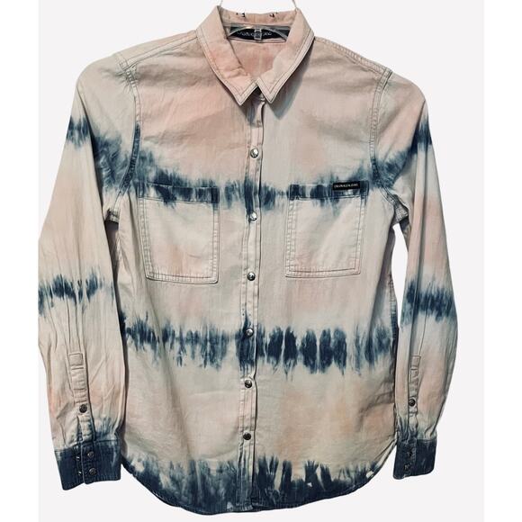 CALVIN KLEIN JEANS LONG SLV, SNAPS, WESTERN SHIRT, WOMENS, S, PINK BLUE TIE DYE - Picture 1 of 12